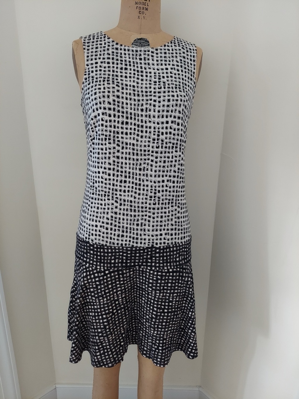 LOFT Black and White Textured Grid Sleeveless Dress